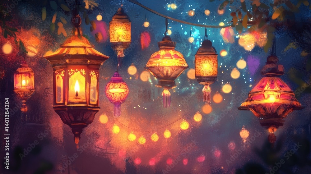 A beautifully crafted Diwali card with vibrant colors, decorated lanterns, and shimmering light effects A beautifully crafted Diwali card with vibrant colors, decorated lanterns, and shimmering light effects