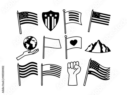 Patriotic American Symbols in Monochrome Design. This vector graphic features a stylized monochrome design showcasing American patriotism.