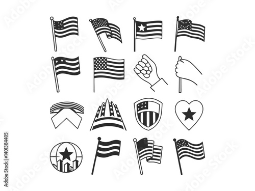 Patriotic American Symbols in Monochrome Design. This vector graphic features a stylized monochrome design showcasing American patriotism.