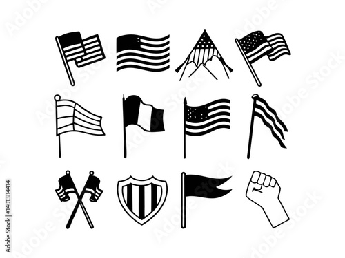 Patriotic American Symbols in Monochrome Design. This vector graphic features a stylized monochrome design showcasing American patriotism.