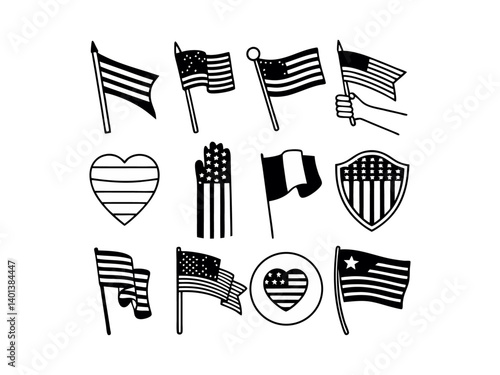 Patriotic American Symbols in Monochrome Design. This vector graphic features a stylized monochrome design showcasing American patriotism.