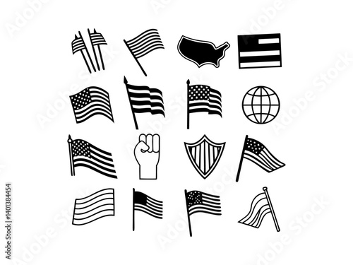 Patriotic American Symbols in Monochrome Design. This vector graphic features a stylized monochrome design showcasing American patriotism.