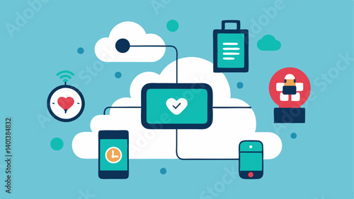 Realtime Monitoring Devices Vector icons of wearable health monitoring devices like smarches connected to a cloudbased AI system providing continuous diagnostics.