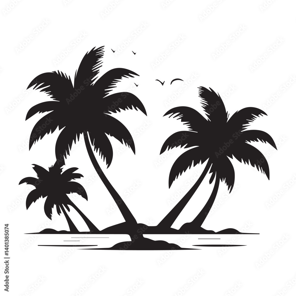 Tropical island with palm tree silhouette on a beach at sunset vector illustration Tropical island with palm tree silhouette on a beach at sunset vector illustration