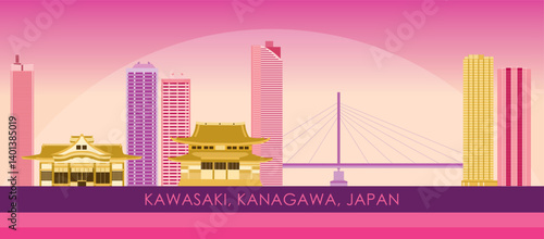Sunset Skyline panorama of city of Kawasaki, Kanagawa, Japan - vector illustration
