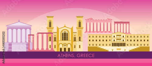 Sunset Skyline panorama of city of Athens, Greece - vector illustration