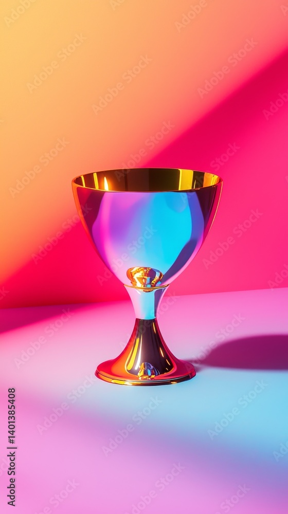 A vibrant chalice reflects colorful light against a minimalist background. A vibrant chalice reflects colorful light against a minimalist background.