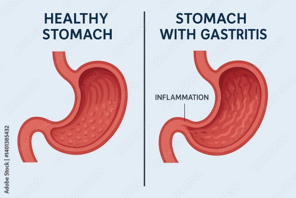 Fototapeta premium Visual comparison illustrates the differences between a healthy stomach and one affected by gastritis, highlighting inflammation and texture variations