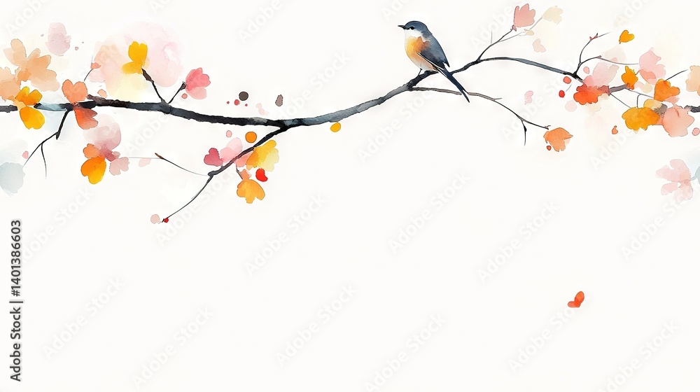 Watercolor art of a bird on a red-yellow leafed tree branch Watercolor art of a bird on a red-yellow leafed tree branch
