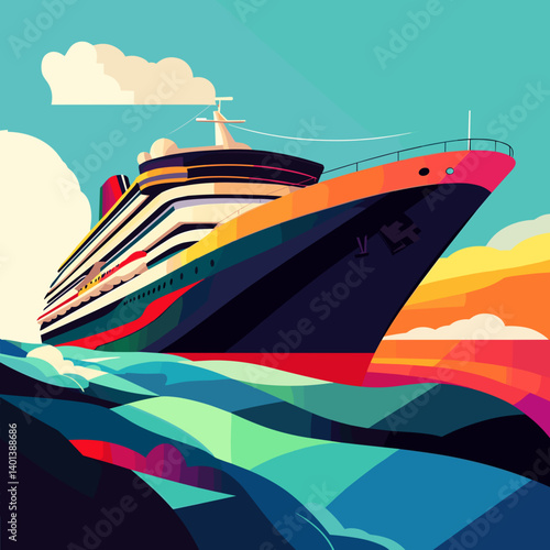 Striking vector illustration of a luxury cruise ship navigating vibrant waves under a bright sky copy space