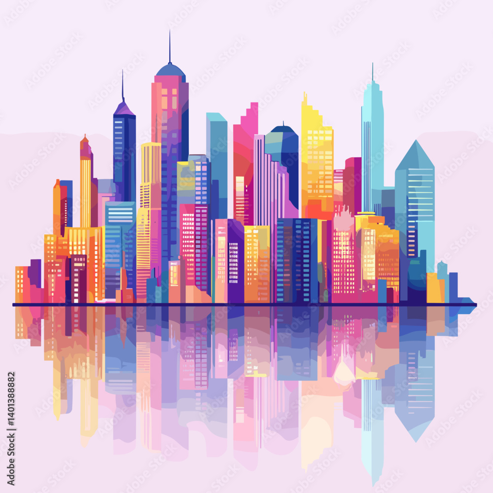 Obraz premium Colorful city skyline at sunrise with reflection on water surface, digital art
