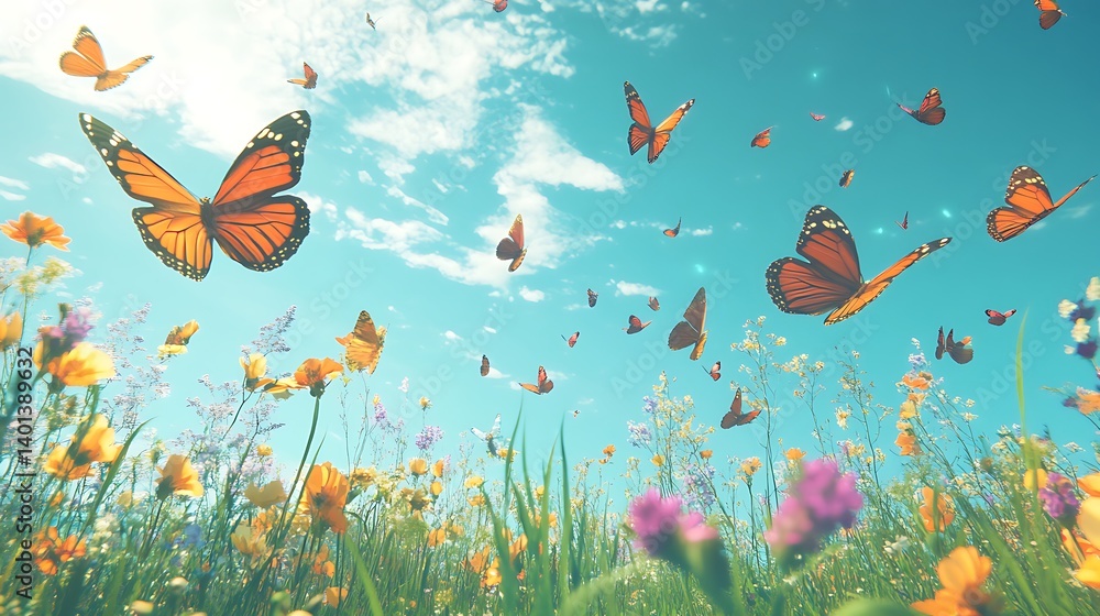 Delicate orange butterflies dancing in warm open air Delicate orange butterflies dancing in warm open air