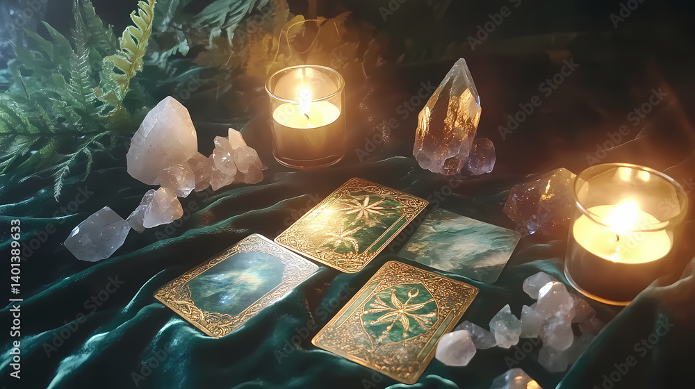 Tarot cards and crystals on a velvet cloth with candlelight. Metaphysical Silk. Illustration