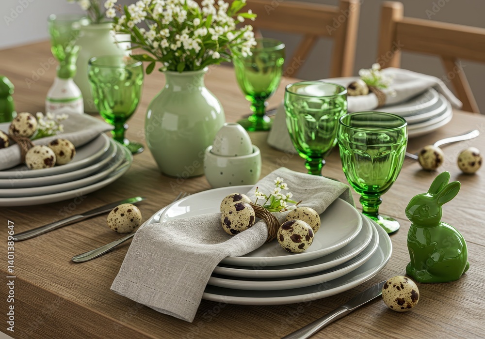 Spring-themed Easter table setting with layered plates, green glassware, quail eggs, and rustic floral decorations Spring-themed Easter table setting with layered plates, green glassware, quail eggs, and rustic floral decorations