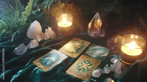 Obraz na płótnie Tarot cards and crystals on a velvet cloth with candlelight. Metaphysical Silk. Illustration w salonie