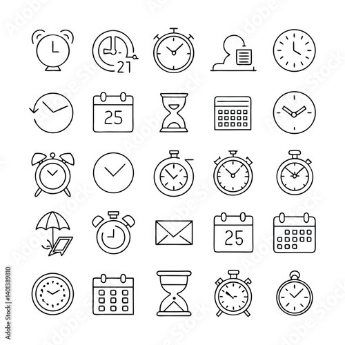 Deadline Outline Icon Set – 25 Linear Style Vector Illustrations with Editable Stroke for Time Management Concepts