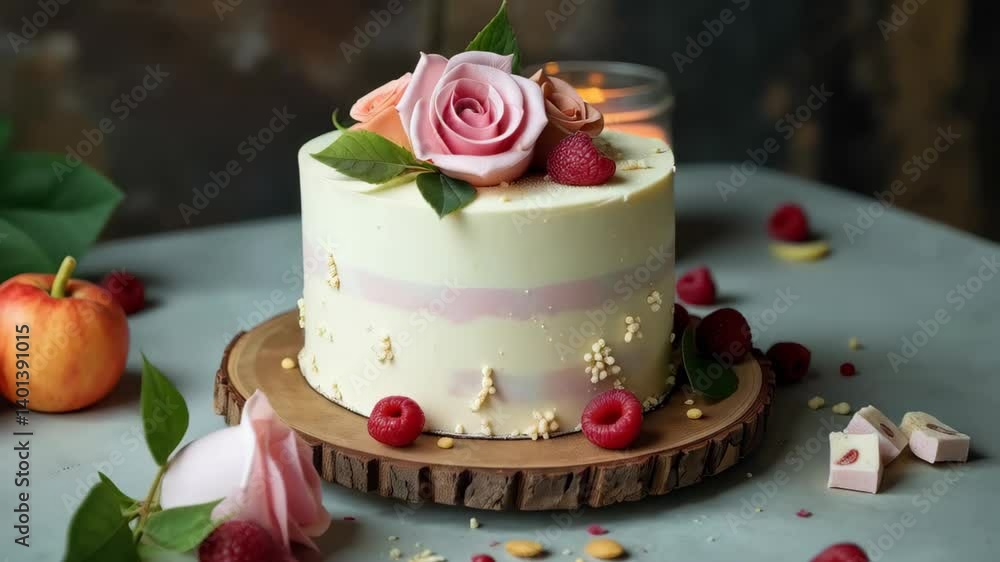Charming cake with pink roses and raspberries on wooden board in cozy setting with candlelight Charming cake with pink roses and raspberries on wooden board in cozy setting with candlelight