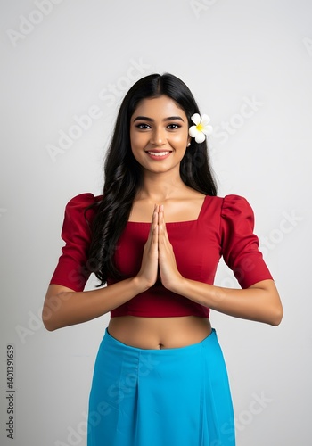 Realistic Sri Lankan Avurudu Kumari in Blue Redda Hatte with Araliya Flower and Ayubowan Pose