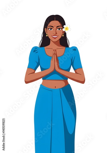 2D Illustration of Sri Lankan Avurudu Kumari in Blue Redda Hatte with Araliya Flower Ayubowan