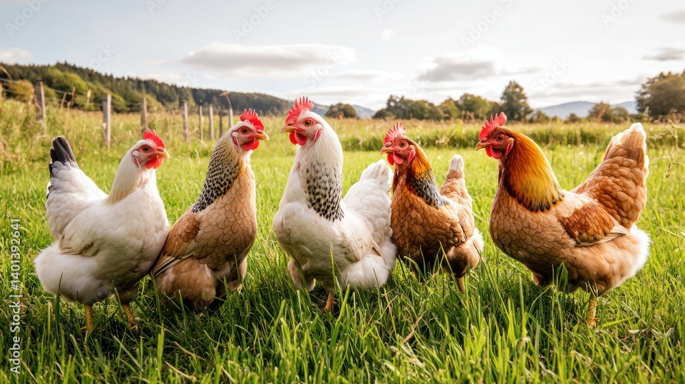 Group of hens in a meadow Group of hens in a meadow