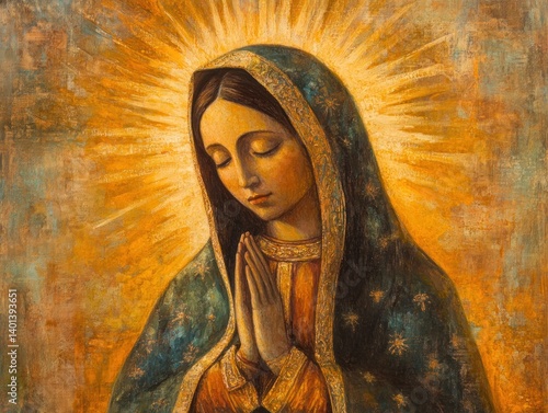 A portrait oil painting of Our Lady of Guadalupe, bathed in soft golden light, creating a sense of reverence