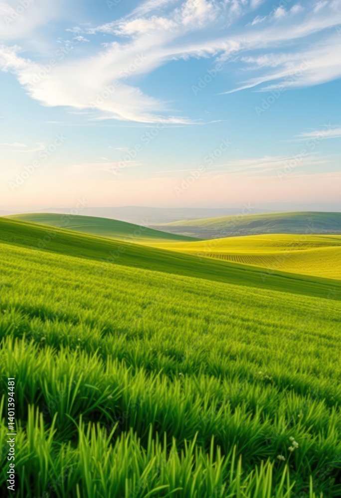 Obraz premium Endless emerald meadow gently sloping to a distant horizon , outdoor, tranquil