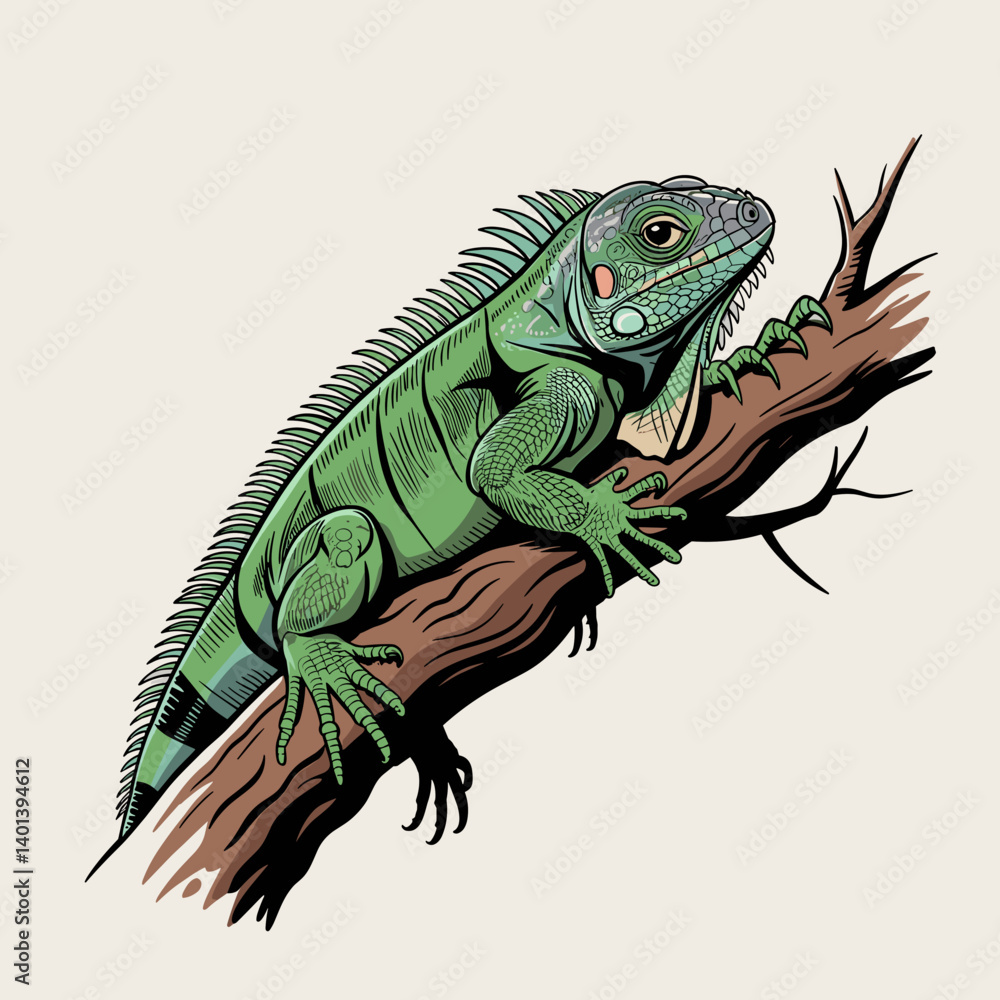 Rustic Green Iguana Baby on Branch Illustration Rustic Green Iguana Baby on Branch Illustration