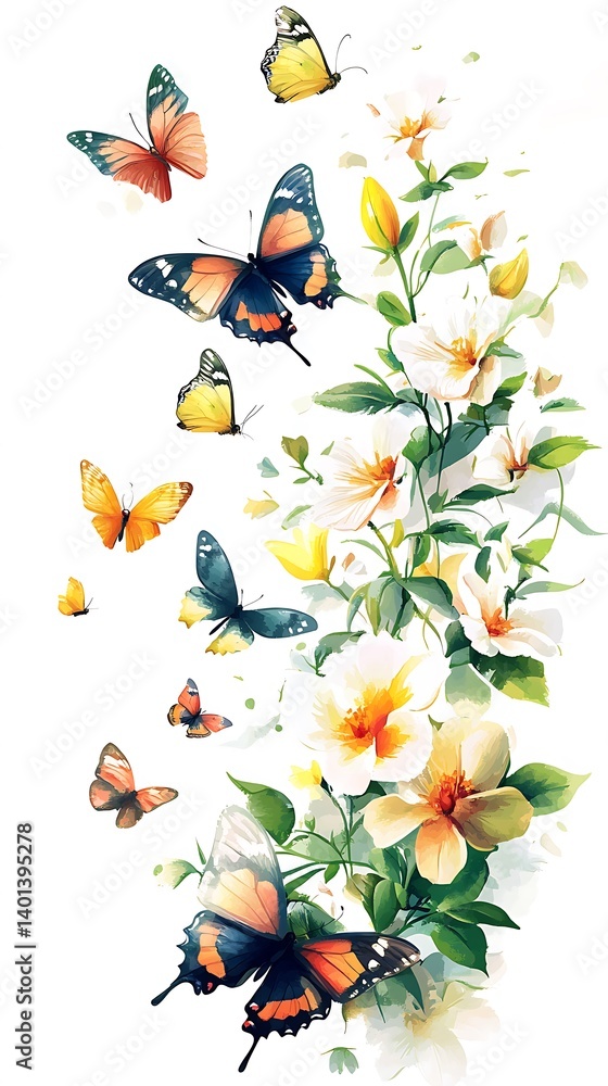 Fototapeta premium Springtime butterflies surrounded by fresh flowers and leaves