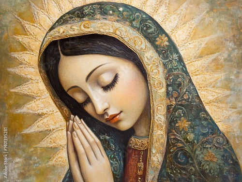 A portrait oil painting of Our Lady of Guadalupe, with intricate details and a serene glow