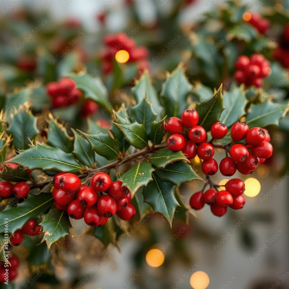 Glowing red berries cluster on a gold-tinged holly branch, festive winter garland, ornament, cheerful, gold Glowing red berries cluster on a gold-tinged holly branch, festive winter garland, ornament, cheerful, gold