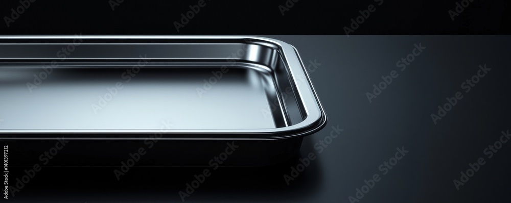 Sleek stainless steel tray on a dark background, ideal for culinary presentations. Sleek stainless steel tray on a dark background, ideal for culinary presentations.