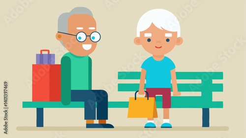 Senior Shopper An older shopper with gray hair and glasses sitting on a bench in a store resting from carrying several colorful shopping bags while a jovial child plays nearby.