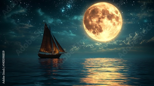 Moonlit sailing ship
