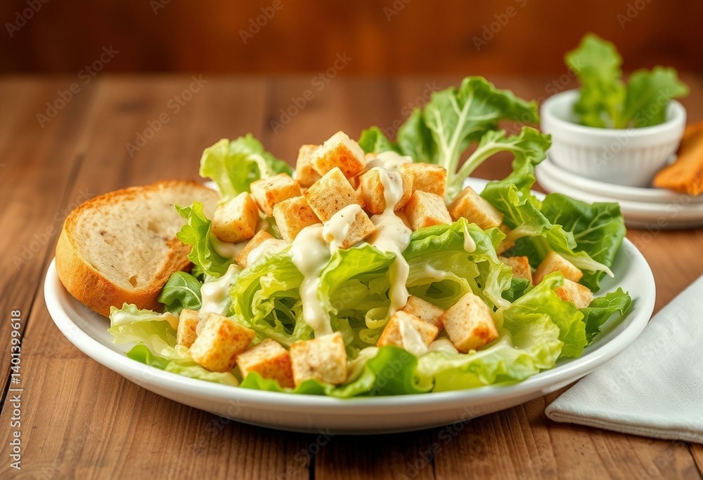Fresh Caesar Salad with crispy lettuce, croutons, and parmesan cheese Fresh Caesar Salad with crispy lettuce, croutons, and parmesan cheese