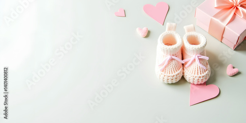 baby decorations featuring pair of knitted baby booties, heart shapes, and a gift box with ribbon on a pastel background