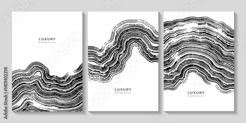 Set of black and white templates with wavy wooden texture. Backgrounds with grunge curved lines. Annual tree rings. Organic eco background. Templates for business cards, cover