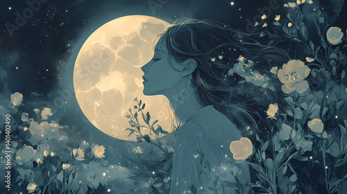 A serene figure gazes at a full moon, surrounded by nature's tranquility and soft, ethereal light. Moonbeam Cloth. Illustration