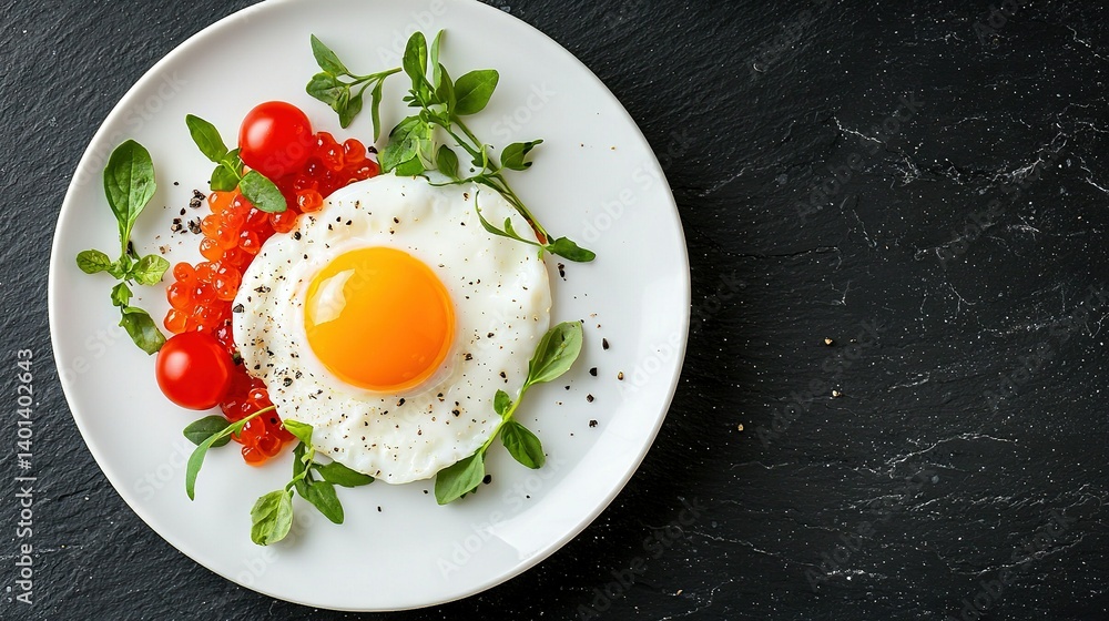 A white plate with a fried egg and tomatoes on top of leafy greens A white plate with a fried egg and tomatoes on top of leafy greens