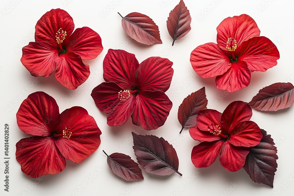 Obraz premium red hibiscus flower and leaf isolated on white background