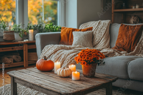 Gray couch, wooden coffee table, and pumpkin in cozy fall living room setting.