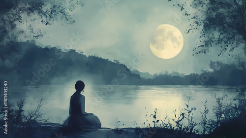 A serene figure gazes at a full moon, surrounded by nature's tranquility and soft, ethereal light. Moonbeam Cloth. Illustration