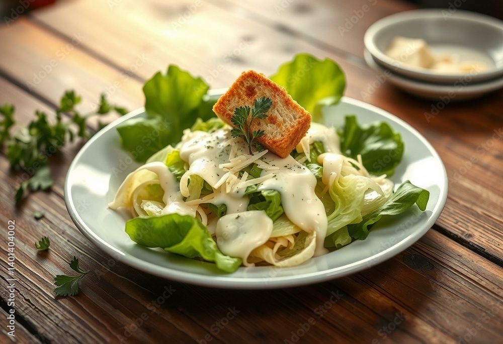 A delicious Caesar Salad on a rustic wooden table A delicious Caesar Salad on a rustic wooden table