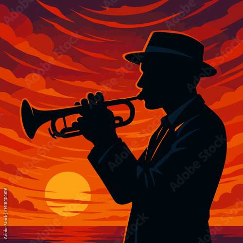 Musician Playing Trumpet at Sunset with Vibrant Sky  