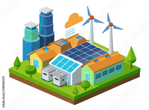 Vector illustration of a factory generating renewable energy with solar panels and wind turbines, isolated on white background.
