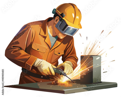 Vector of a factory worker welding metal with sparks flying, isolated on white background.
