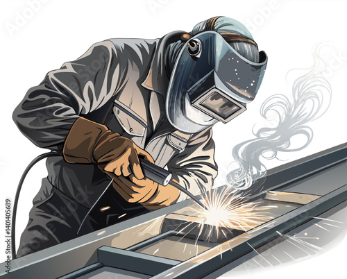 Vector of a factory worker welding metal with sparks flying, isolated on white background.
