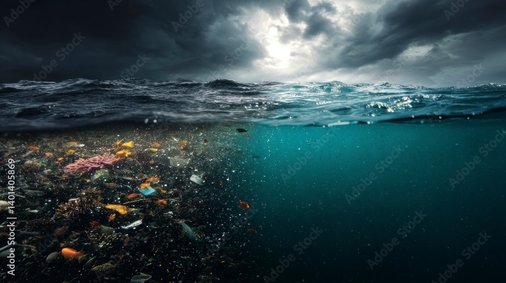 Naklejka premium Ocean Pollution with Plastic Waste and Stormy Sky Environment Issue