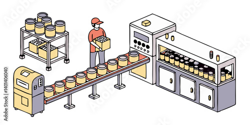 Vector of food production line with packaged products like cans or bottles, isolated on white background.
