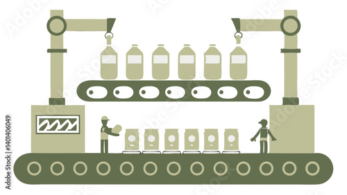 Vector of food production line with packaged products like cans or bottles, isolated on white background.
