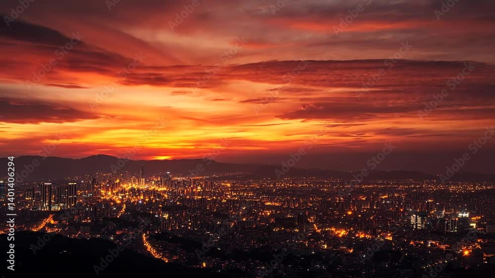 Breathtaking cityscape under fiery sunset, panoramic view of illuminated urban landscape Breathtaking cityscape under fiery sunset, panoramic view of illuminated urban landscape